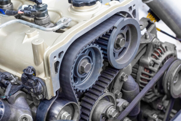 Timing belt and twin camshaft sprocket in engine racing car. Timing Components